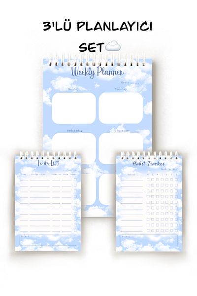 Handeto Kraft Cloud Themed 3-Piece English Planner, Weekly Planner, Habit Tracker, To-Do List, Planner
