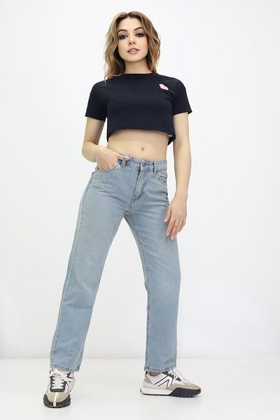 GZT TEKSTİL Women's Stoned High Waist Loose Wide Leg Jean Trousers