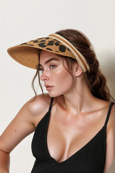 bacc Camel Leopard Patterned Straw Visor Hat Bcnsv-2514403