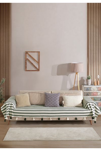 Lux Touch Pera Khaki Tasseled Arm Covering Sofa Cover 300X110 cm 3m Oversize Pompom Sofa Daybed Sofa Bed