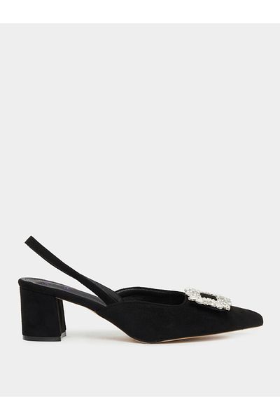 Sneak-a-Peek By Styli Rhinestone Buckle Detail Block Heel Slingback Shoes