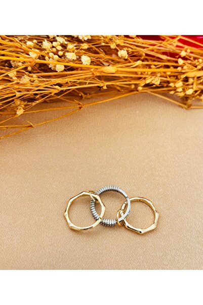 Markiz Takı Gold Gümüş Üçlü Çelik Yüzük - Ayarlanabilir