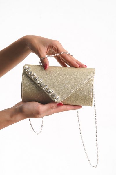 Famels Women's Gold Glitter Stone Evening Dress Bag Handbag and Handbag