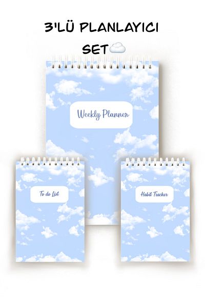 Handeto Kraft Cloud Themed 3-Piece English Planner, Weekly Planner, Habit Tracker, To-Do List, Planner