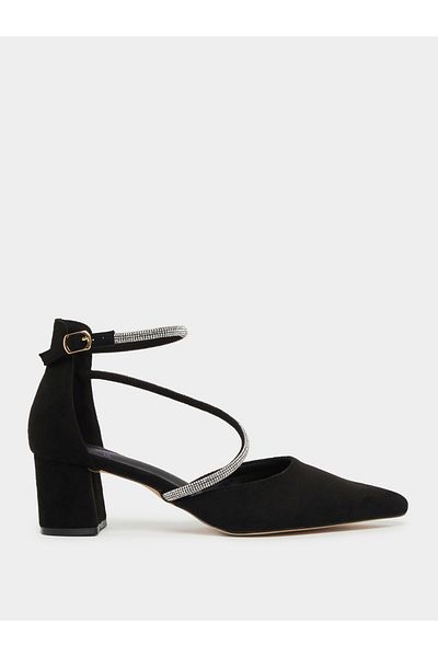 Sneak-a-Peek By Styli Rhinestone Strap Suede Block Heel Ankle Strap Shoes