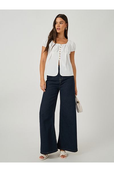 Styli Plain Puff Sleeves Buttoned Top with Gathered Detail