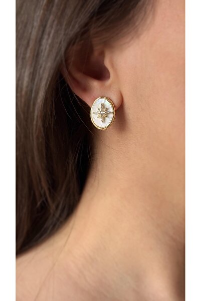 Soles 14 Ayar altın rengi taşlı sedefli vidalı çelik küpe