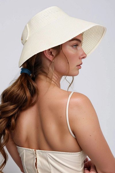 bacc Ecru Bow Wide Open Top Straw Visor Hat Bcnsv-2514624