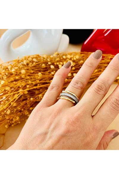 Markiz Takı Gold Gümüş Üçlü Çelik Yüzük - Ayarlanabilir