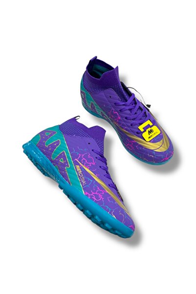 Güneş Mercurıal Çoraplı Unisex Halısaha Ayakkabı Mor Turkuaz Desenli