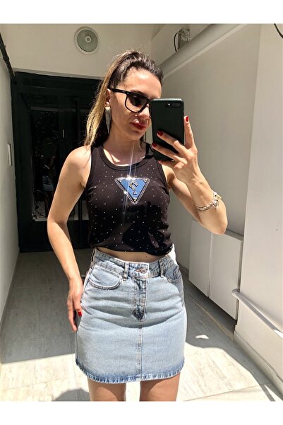 Gözde Tasarım Butik KADIN BUZ MAVİ RENK DÜZ KISA DENİM KOT ETEK