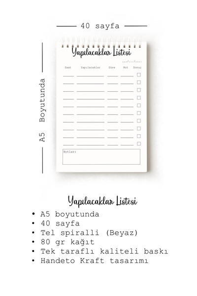 Handeto Kraft Lista de activități turcească simplă și minimalistă, lista de activități A5, planificator, lista de sarcini, planificator
