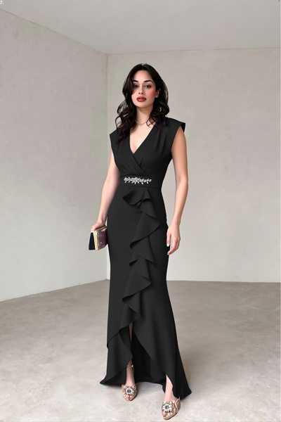 ALFUDO Moda Collection فستان سهرة نسائي من قماش السكوبا بأزرار على الجهتين بياقة وحزام مزين بالأحجار باللون الأسود لحفلات التخرج وحفلات الزفاف