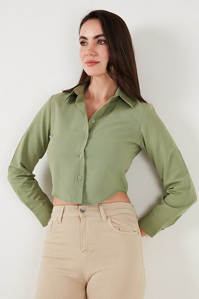 Lela Cotton Blend Slim Fit Long Sleeve Crop Shirt Shirt 6777336