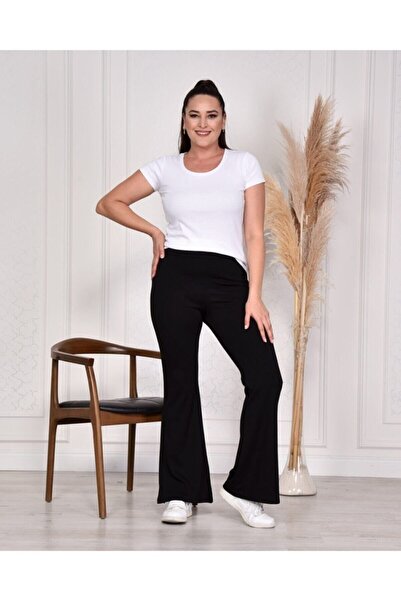 TÜCCAR UMUT Büyük Beden Ispanyol Paça Yüksek Bel Siyah Tayt Pantolon