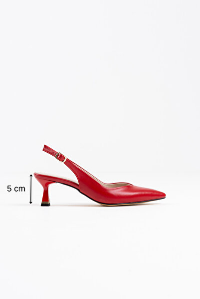 MASSOLE Kadın Kırmızı Deri 5 cm Stiletto Özel Tasarım Topuk V Model Arkası Açık Rahat Massole Yeni Sezon