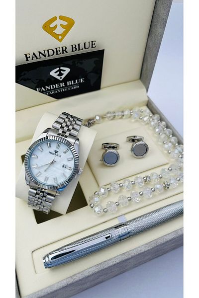 FANDER BLUE Fender Blue 4-piece Men's Set بديل Watch, Pen, Cufflinks, And Box