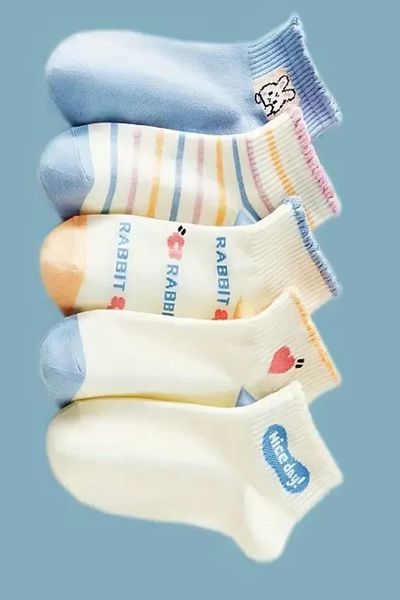 Esinti 5 Pairs Women's Ankle Length Multicolored Rabbit Patterned Booties Socks Set 5 Pieces