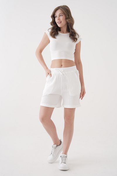 saint majesta 100% Cotton Muslin Women's Shorts - Relaxed Fit, Lace-Up Elastic Waist, Functional Pockets Sm002