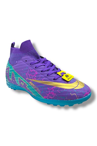 Güneş Mercurıal Çoraplı Unisex Halısaha Ayakkabı Mor Turkuaz Desenli