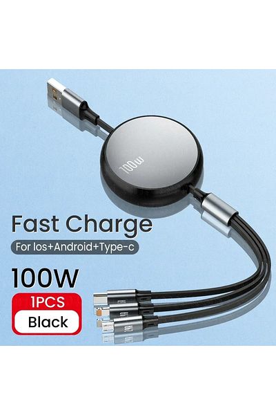 Choice 1.2m Black 6A 100w Data Cable 3 in1 Fast USB Cable Retractable Portable Charging Line Micro USB Typ