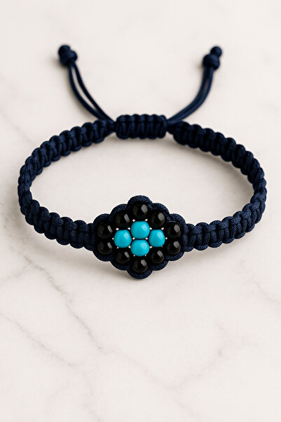 Puffy Men's Women's Macrame Bracelet – Navy Blue Rope & Turquoise–Black Beads