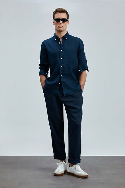 Lufian 111010630 Λινό πουκάμισο Pitaya Comfort Fit Ανδρικό πουκάμισο Navy Blue