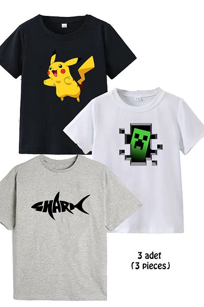 makiteks Μπλουζάκι 3 Πακέτα Βαμβακερό Χτενισμένο Αγόρι με στάμπα Tshirt 5 6 7 8 9 10 11 12 13 14 ετών Pikachu MineC