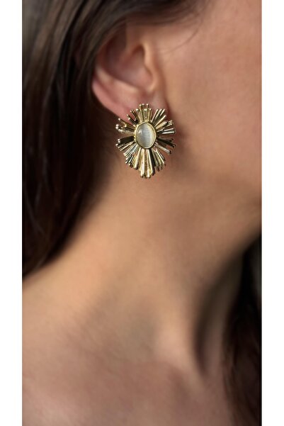 Soles 14 Ayar altın rengi sedefli trend çelik küpe