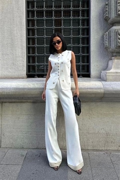 meisa Paulo Gold Buttoned Vest Pants Suit 9976