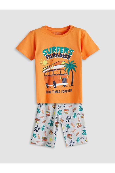 LC Waikiki Lcw Kids Orange Printed Boys T-Shirt and Shorts Pack of 2
