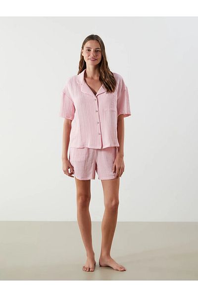 LC Waikiki Lcw Dream Pink Shirt Collar Textured Women's Pajama Set with Shorts