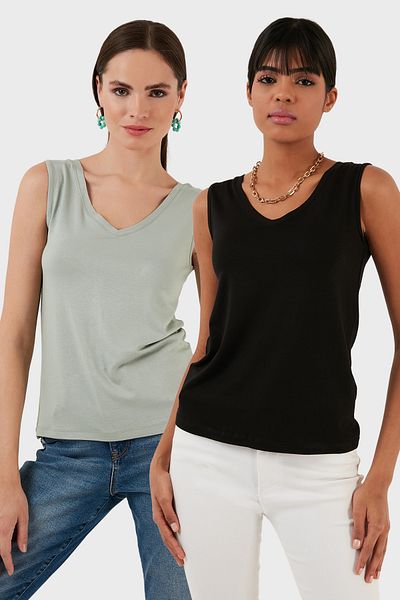 Lela Slim Fit V-Neck Thick Strap 2'Li Package Blouse Bluz 5864384S2