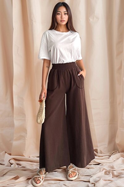 Meine Liebe Unterwäsche Women's Elastic Waist Pocket Wide Leg Cotton Brown Tr...