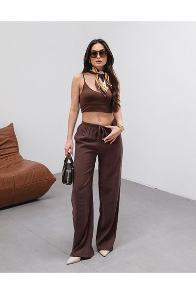 veres Women's Bitter Brown Soft Modal Woven Fabric Wide Leg Elastic Waist Flowy Summer Pants