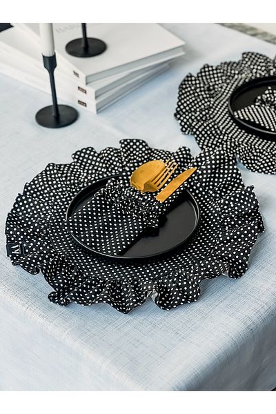 KaiHome Doritta Polka Dot Linen Frilly Round Plate / American Service Set of 6
