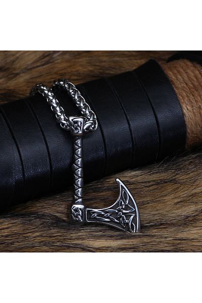Viking Tribal Design Axe 316L Stainless Braid Chain Steel Necklace