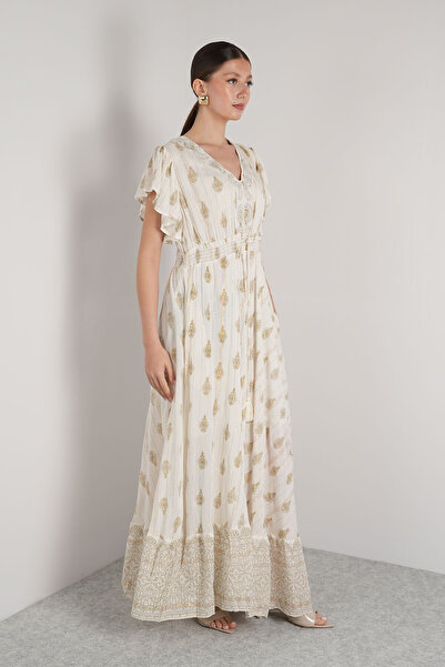 NAVAJO Maxi Elbise - Bej Yaldızlı Nakış İşlemeli Astarlı – %100 Pamuk – Standart Beden (36-44)