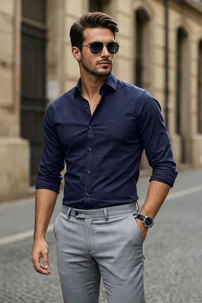 Trendyol Collection Marineblaues, reguläres, leicht zu bügelndes, elegantes Oxford-Hemd mit Stickerei TMNAW24GO00089
