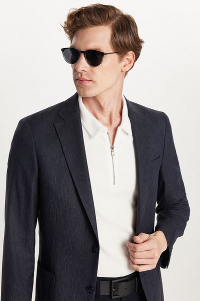 Tudors Мъжко яке Slim Fit с моно яка и двоен цеп, ежедневен тъмносиньо единичен