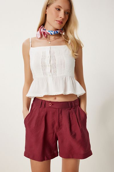 Happiness İstanbul Burgunderrote, drapierte City-Boy-Ayrobin-Shorts mit Taschen für Damen DP00255