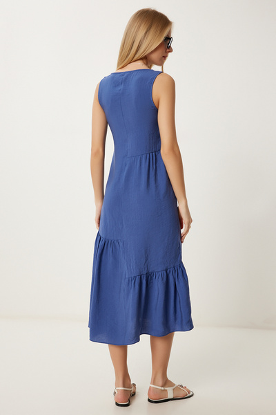 Happiness İstanbul Rochie lungă Ayrobin cu volan albastru indigo pentru femei GK00021