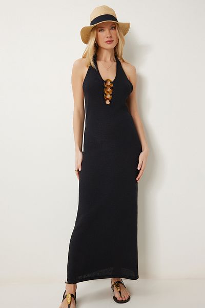 Happiness İstanbul Rochie de tricotaj de vară elastică pentru femei cu accesorii inel negru DP00252