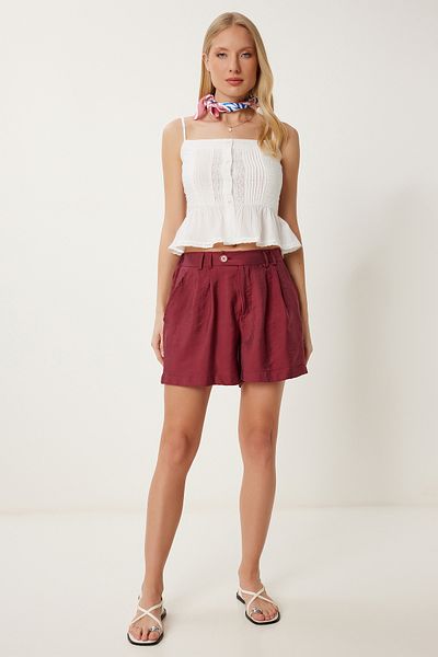 Happiness İstanbul Burgunderrote, drapierte City-Boy-Ayrobin-Shorts mit Taschen für Damen DP00255