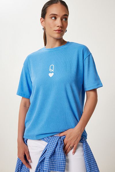 Happiness İstanbul Himmelblau bedrucktes Oversize-Strick-T-Shirt für Damen AN00245