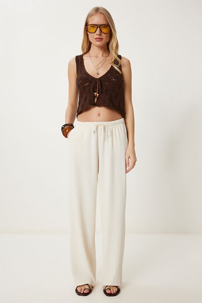Happiness İstanbul Cremefarbene, fließende Palazzo-Hose aus Leinenmischung für Damen DD01352