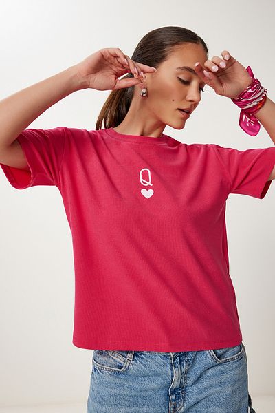 Happiness İstanbul Women's Dark Pink Printed Oversize Knitted T-Shirt An00245