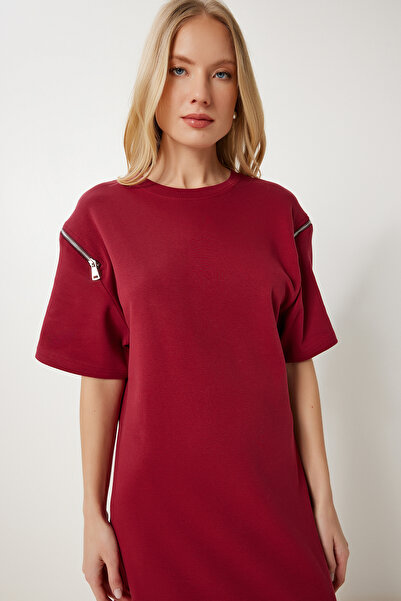 Happiness İstanbul Women's Burgundy Zipper Detailed Long Loose Knitted Dress Dp00251