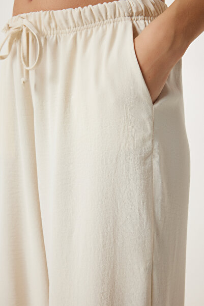 Happiness İstanbul Women's Cream Linen Blended Summer Flowy Palazzo Pants Dd01352