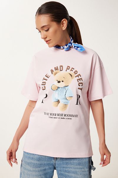 Happiness İstanbul Women's Light Pink Printed Oversize Cotton Knitted T-Shirt Cr00508